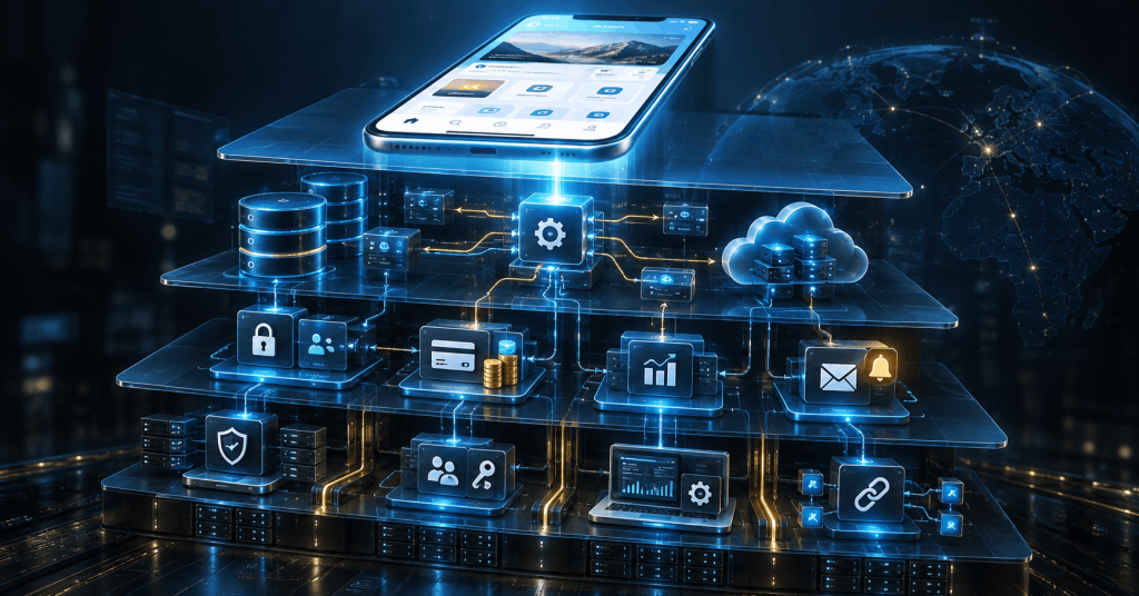 Layered business app backend architecture showing databases, APIs, cloud systems, security, payments, and integrations by Sky Arkanum