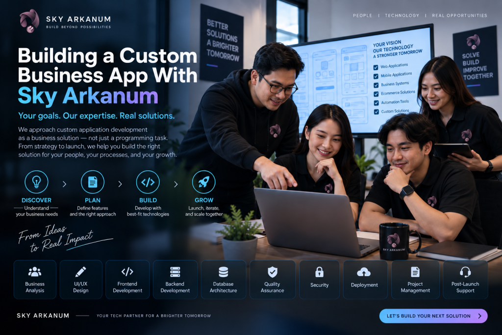 Sky Arkanum custom business app development team planning strategy, UI UX, frontend, backend, QA, security, deployment, and support