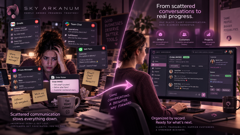 Sky Arkanum custom business communication app helping MSMEs centralize emails, chats, customer messages, order notes, and project updates in one place