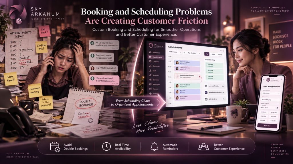 Sky Arkanum custom booking and scheduling app helping MSMEs avoid double bookings, manage appointments, track availability, and improve customer experience