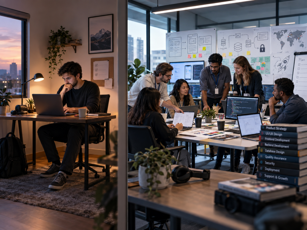 Freelancer working independently compared with a full app development team covering strategy, design, development, QA, security, and support by Sky Arkanum