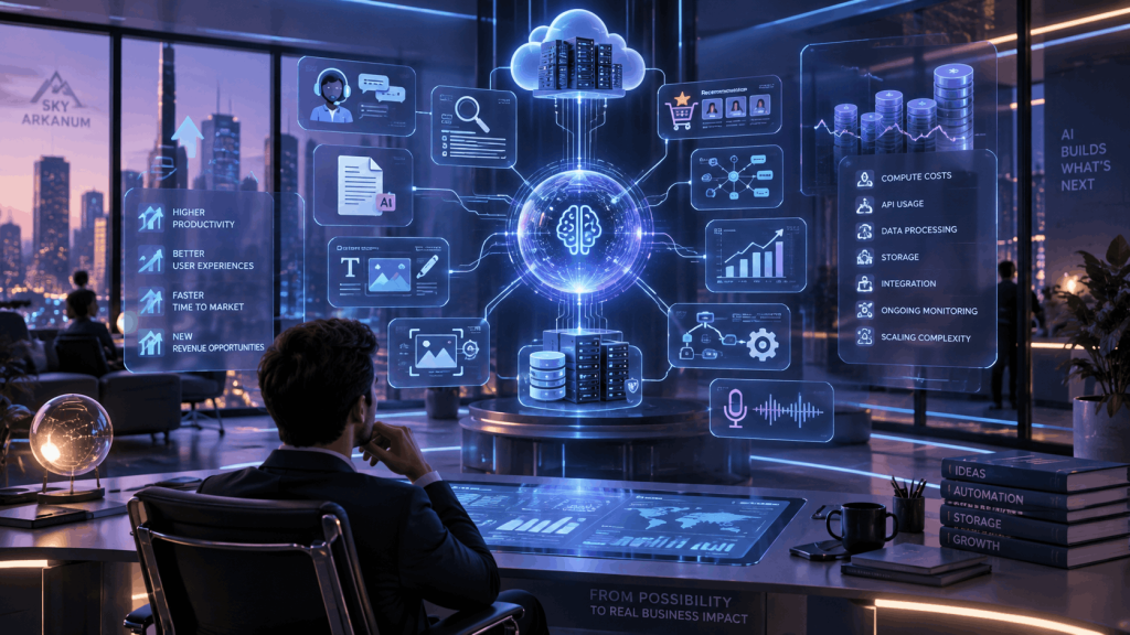 AI-powered business app ecosystem showing automation, analytics, recommendations, data processing, API usage, and productivity by Sky Arkanum