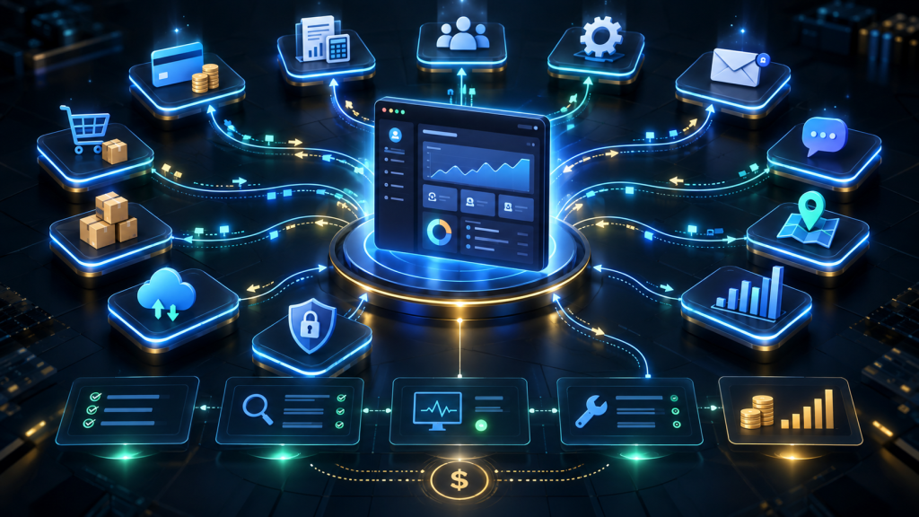 Business app integration ecosystem showing payment, accounting, CRM, ERP, email, SMS, mapping, analytics, ecommerce, and cloud tools by Sky Arkanum