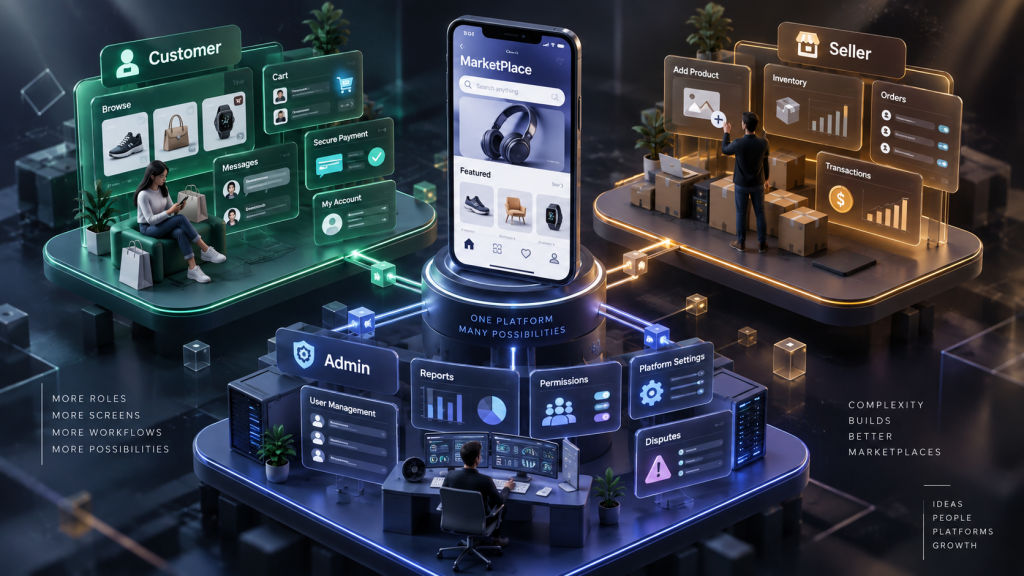 Marketplace business app showing customer, seller, and admin user roles in one platform by Sky Arkanum