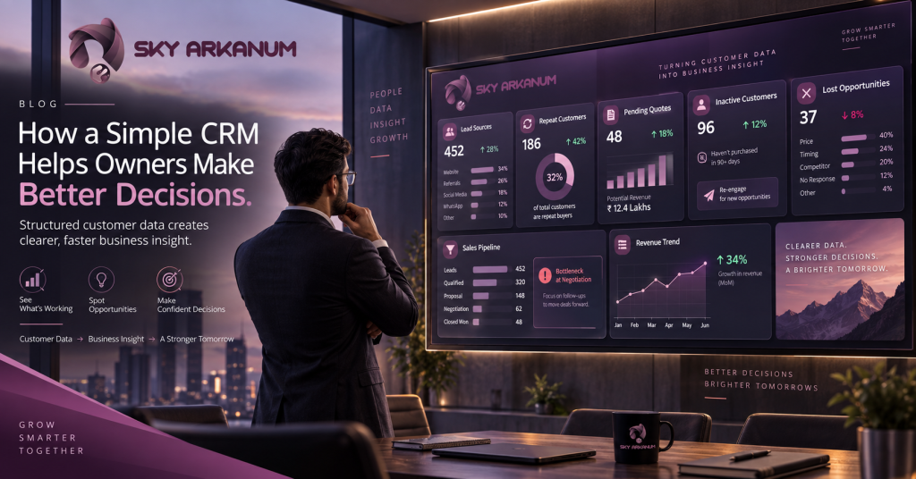 Sky Arkanum CRM analytics dashboard helping small business owners turn customer data into insights on leads, repeat customers, quotations, lost opportunities, and sales performance