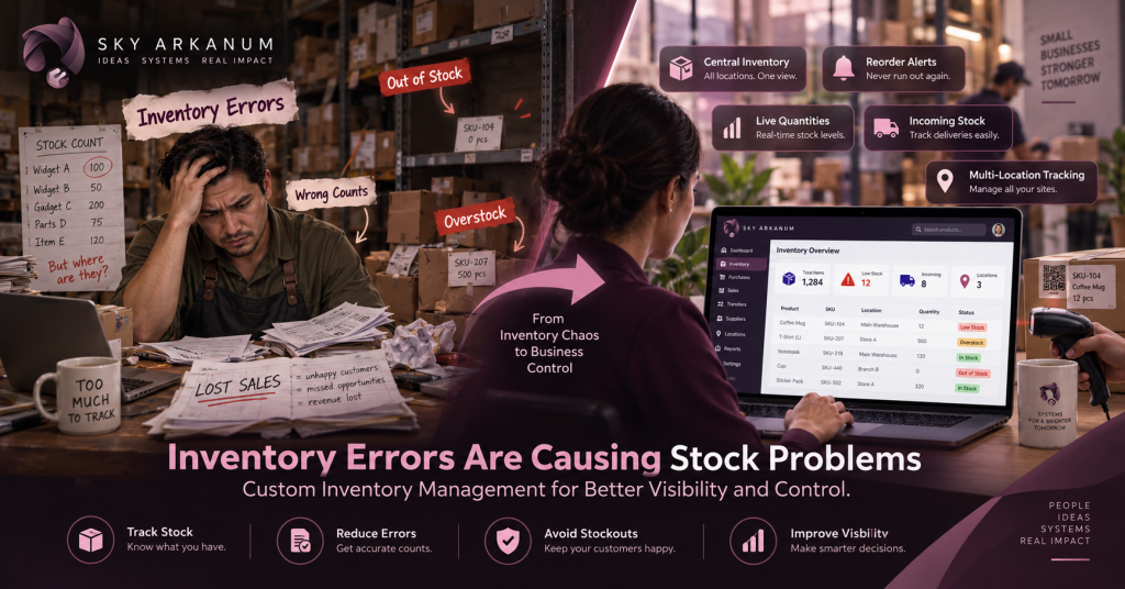 Sky Arkanum custom inventory management app helping MSMEs reduce stock errors, prevent stockouts, track quantities, and manage multiple locations
