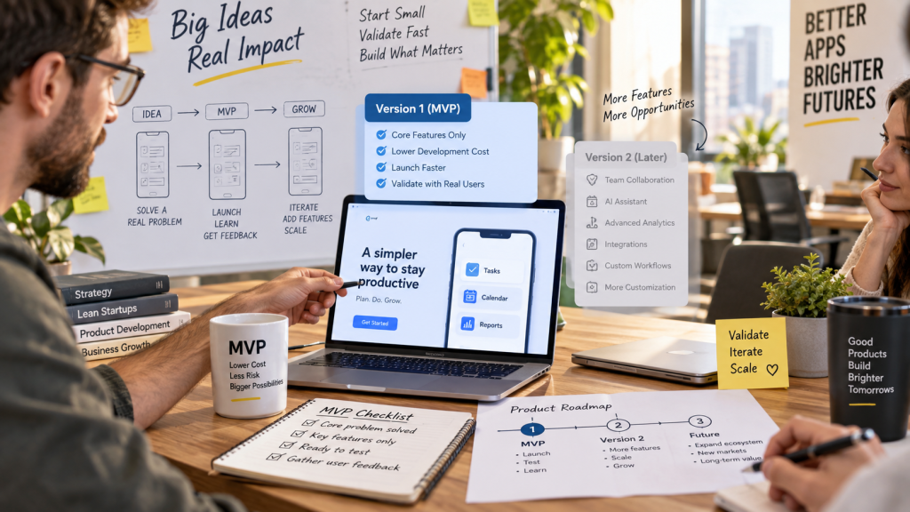MVP business app planning session showing core features, product roadmap, user validation, and phased development by Sky Arkanum