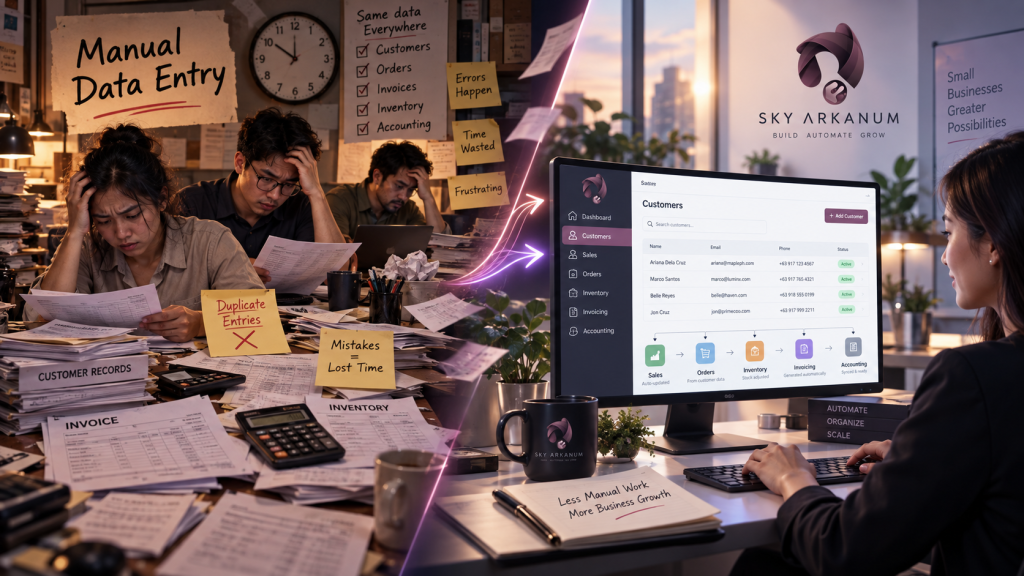 Sky Arkanum custom app solution replacing repetitive manual data entry across customer records, orders, inventory, invoicing, and accounting workflows
