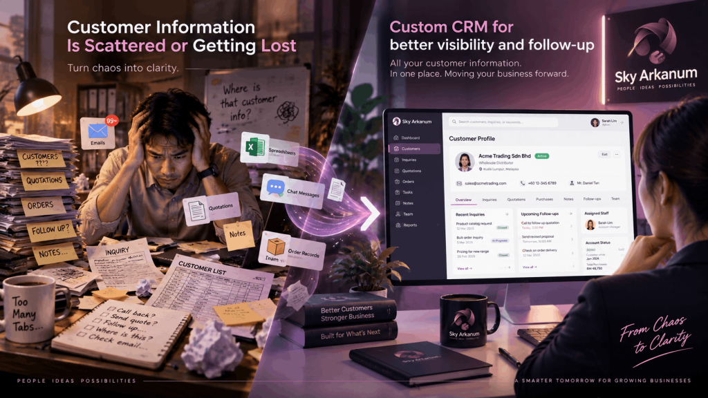 Sky Arkanum custom CRM app helping MSMEs centralize customer records, inquiries, quotations, orders, follow-ups, notes, and account history