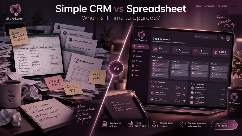 Sky Arkanum comparison of spreadsheet-based customer tracking versus a simple CRM system for small businesses managing leads, follow-ups, quotations, and customer relationships