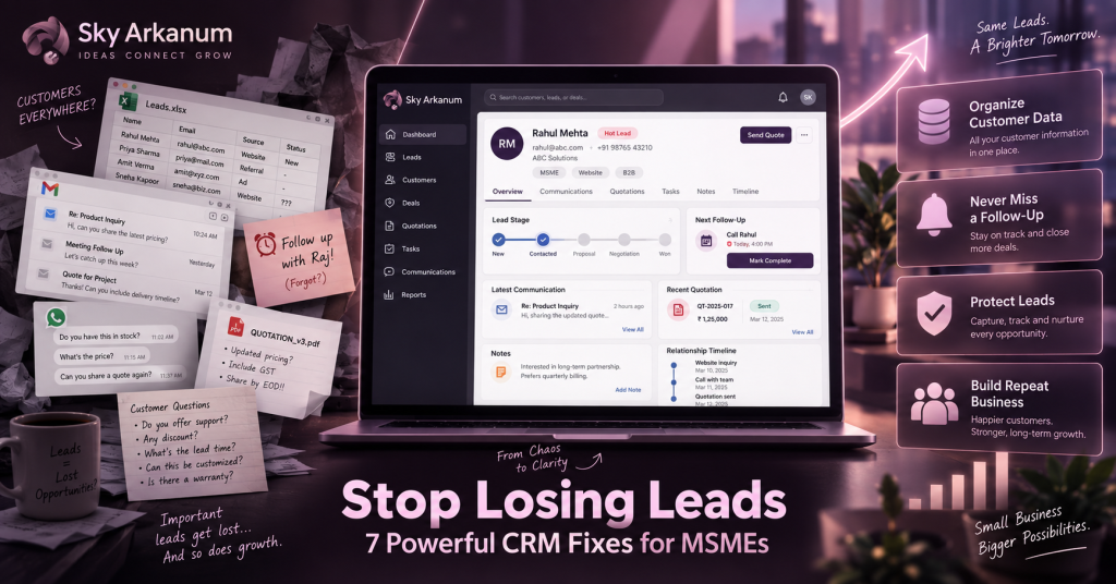 Sky Arkanum CRM dashboard helping MSMEs organize customer data, track leads, manage quotations, schedule follow-ups, and protect sales opportunities