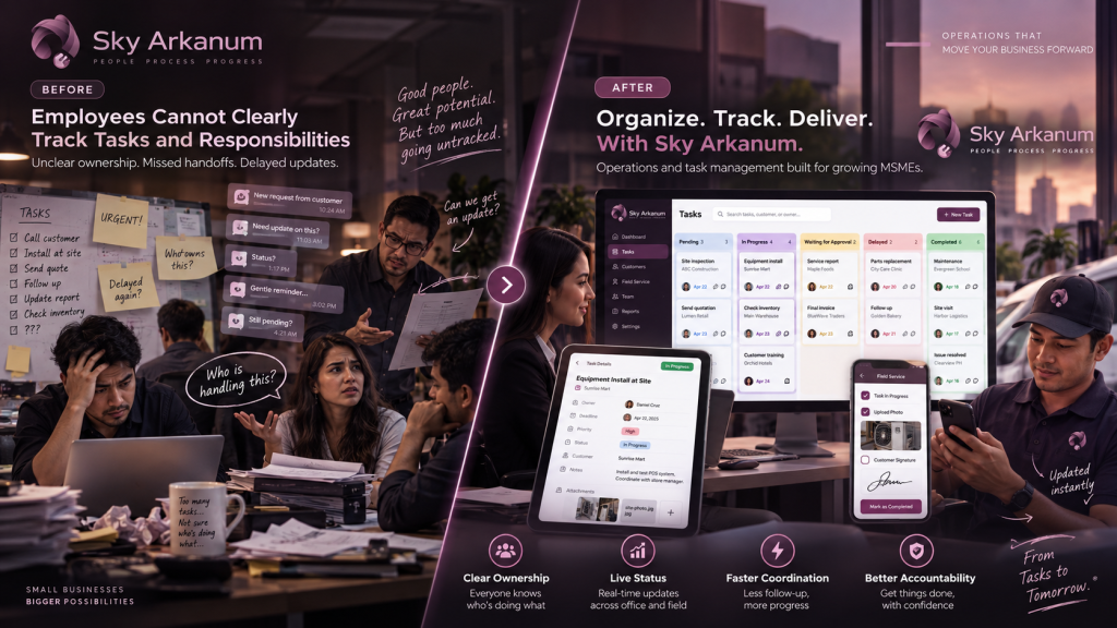 Sky Arkanum operations and task management app helping MSMEs assign responsibilities, track progress, manage deadlines, and coordinate field teams