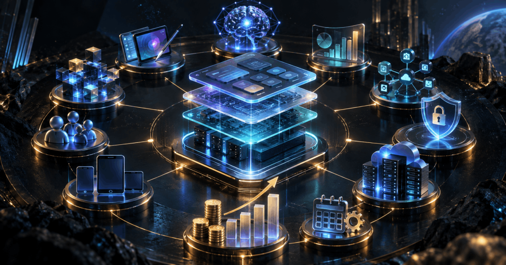 Futuristic visualization of business app development cost factors including design, security, platforms, integrations, infrastructure, and analytics by Sky Arkanum
