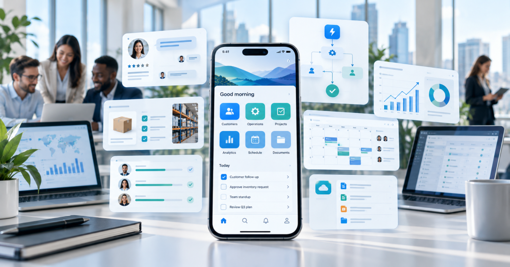 Modern business app interface for operations, analytics, customer management, and team productivity by Sky Arkanum