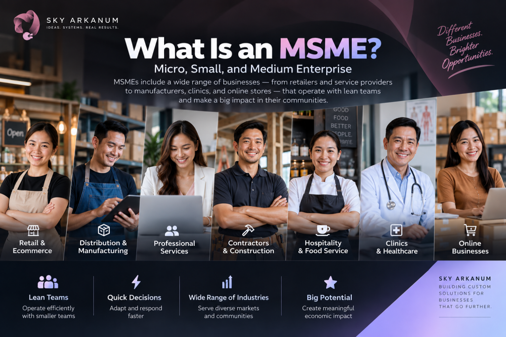 Sky Arkanum infographic explaining what an MSME is, featuring retail, manufacturing, services, construction, hospitality, healthcare, and online businesses