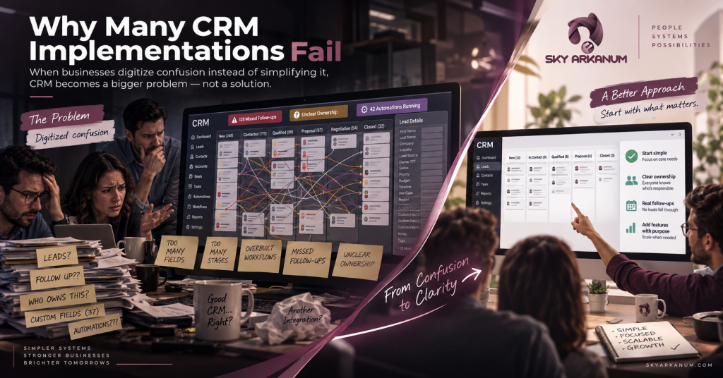 Sky Arkanum CRM implementation infographic showing how overbuilt workflows, unclear ownership, missed follow-ups, and too many fields can create confusion