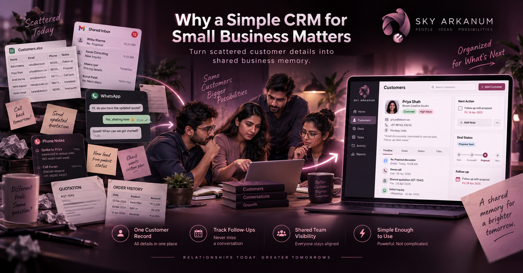 Sky Arkanum simple CRM for small business centralizing customer records, follow-ups, quotations, conversations, and sales activity for MSME teams